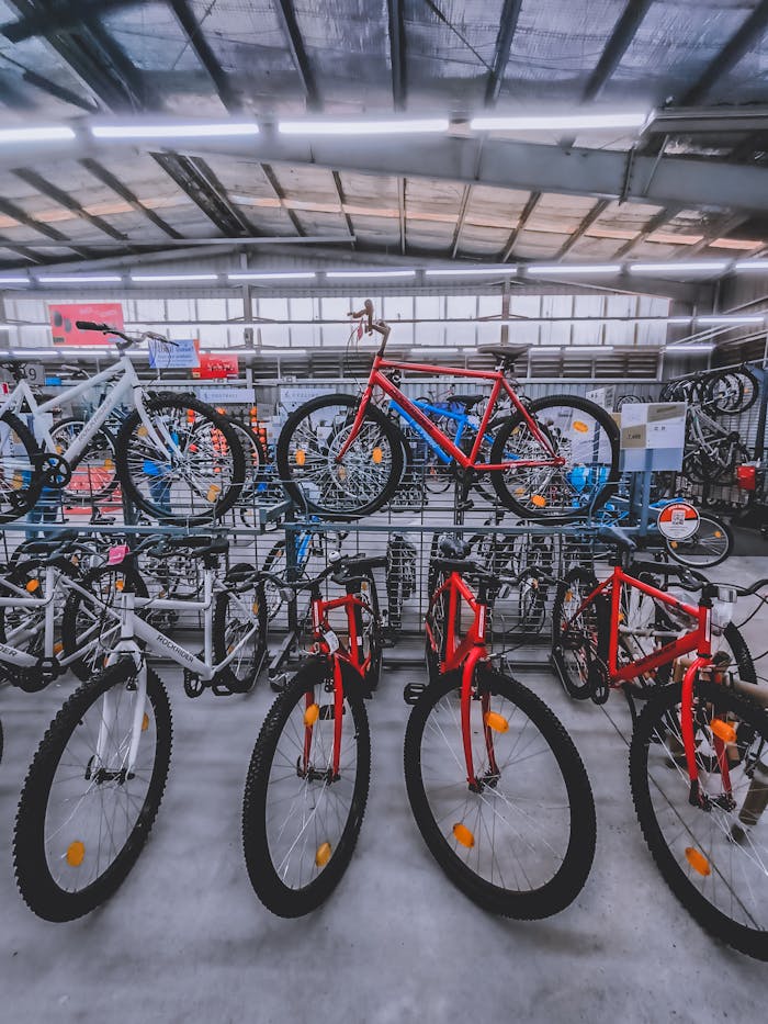 Various bicycles displayed in an indoor bike shop, showcasing red and white models.